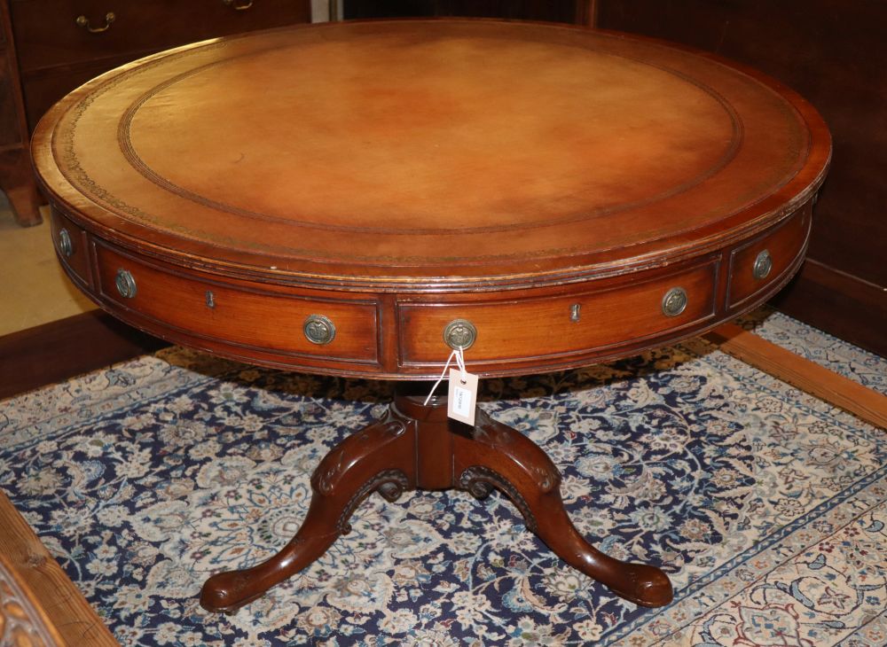 A Regency style mahogany leather top drum library table, diameter 150cm, H.78cm